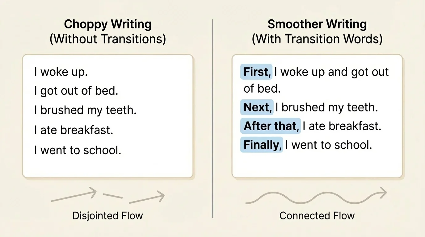 two short writing samples side by side, one choppy with separate simple sentences and one smoother with transition words like then and next highlighted