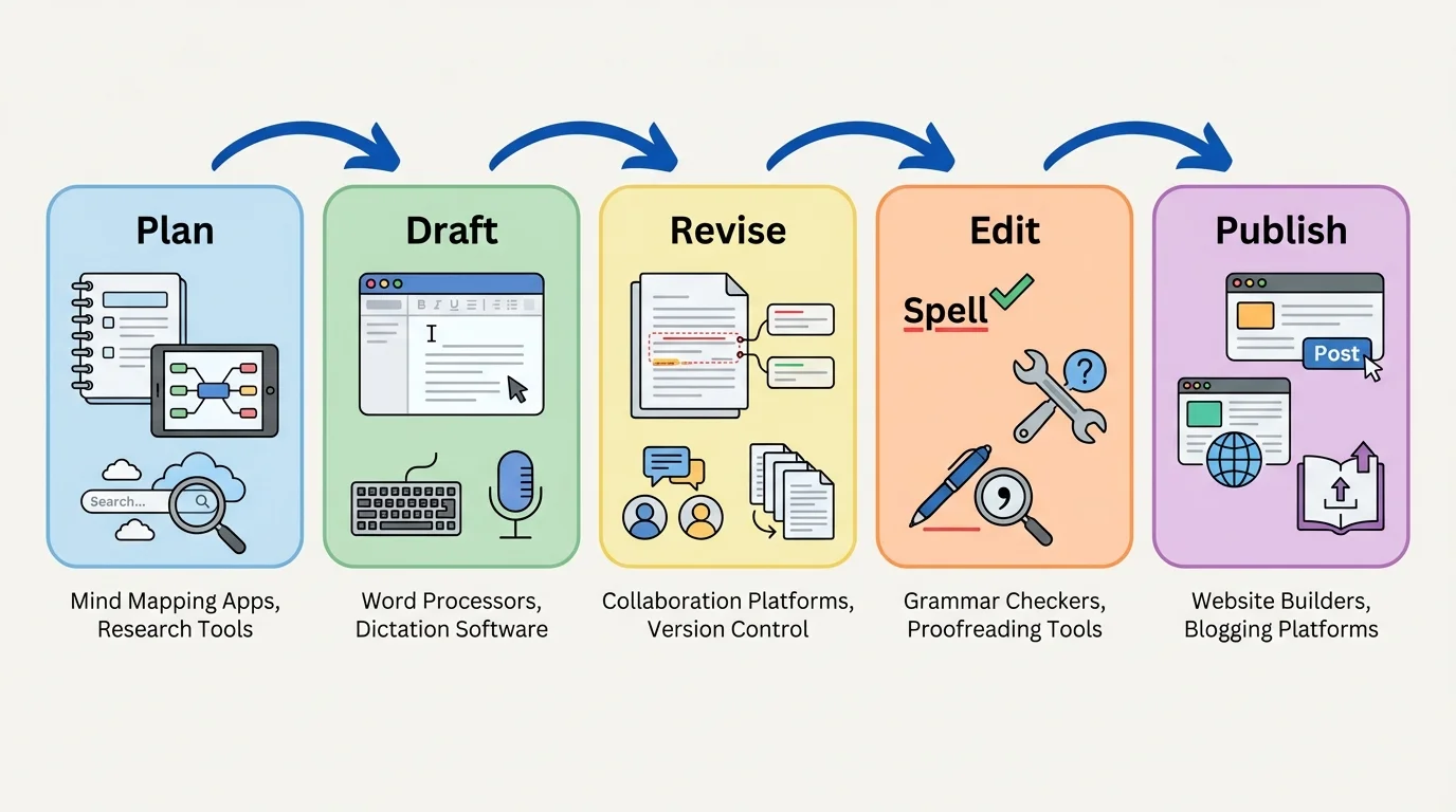 five-step writing process with boxes labeled Plan, Draft, Revise, Edit, Publish connected by arrows