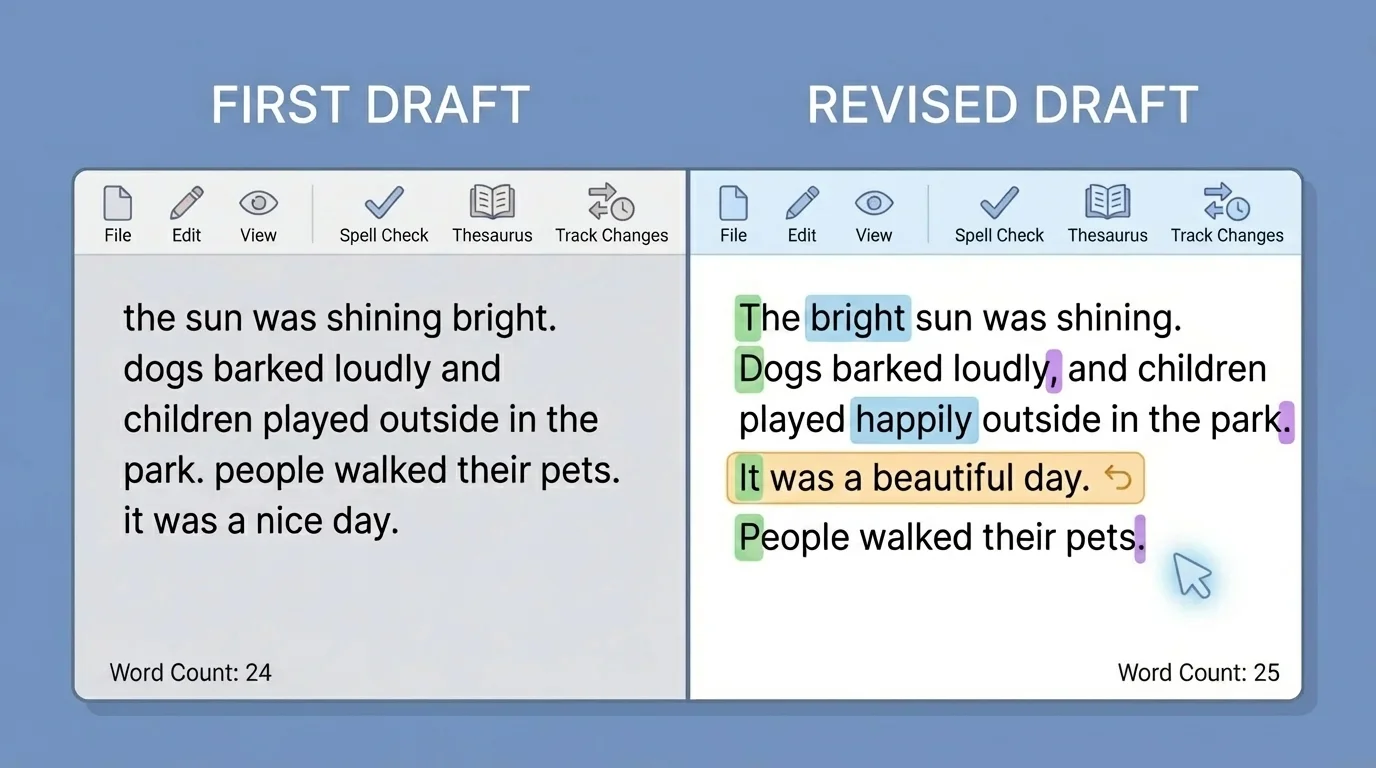 side-by-side first draft and revised draft on a writing screen, with highlighted added detail, corrected capitals, punctuation, and moved sentence