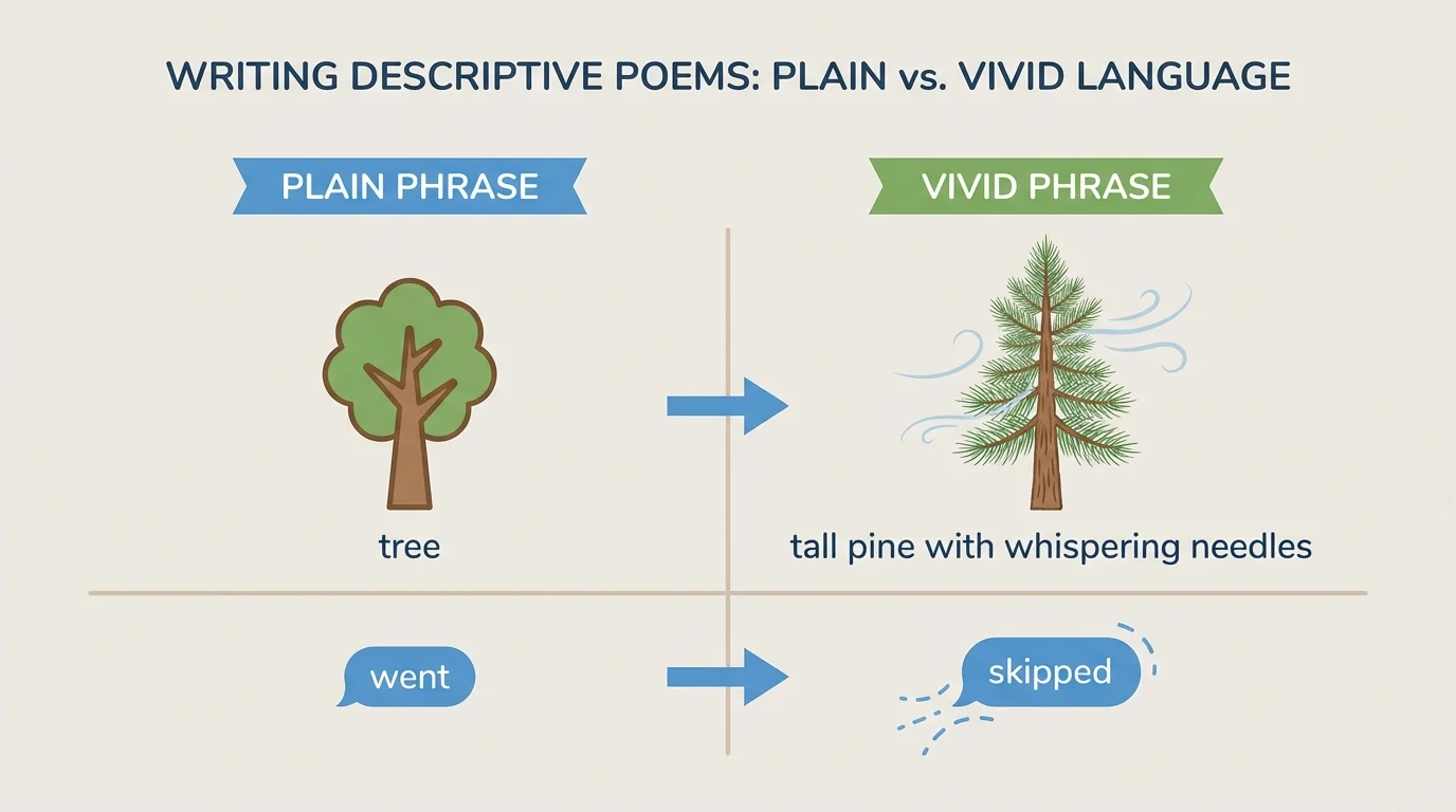 side-by-side chart showing plain phrase tree and vivid phrase tall pine with whispering needles, plus plain verb went and vivid verb skipped