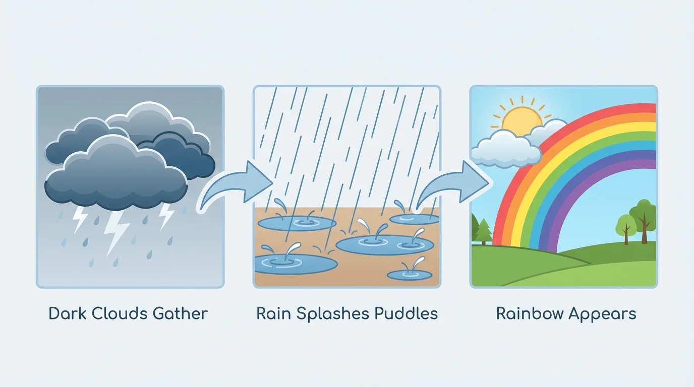 three-part flowchart of a rainy-day poem sequence: dark clouds gather, rain splashes puddles, rainbow appears at the end