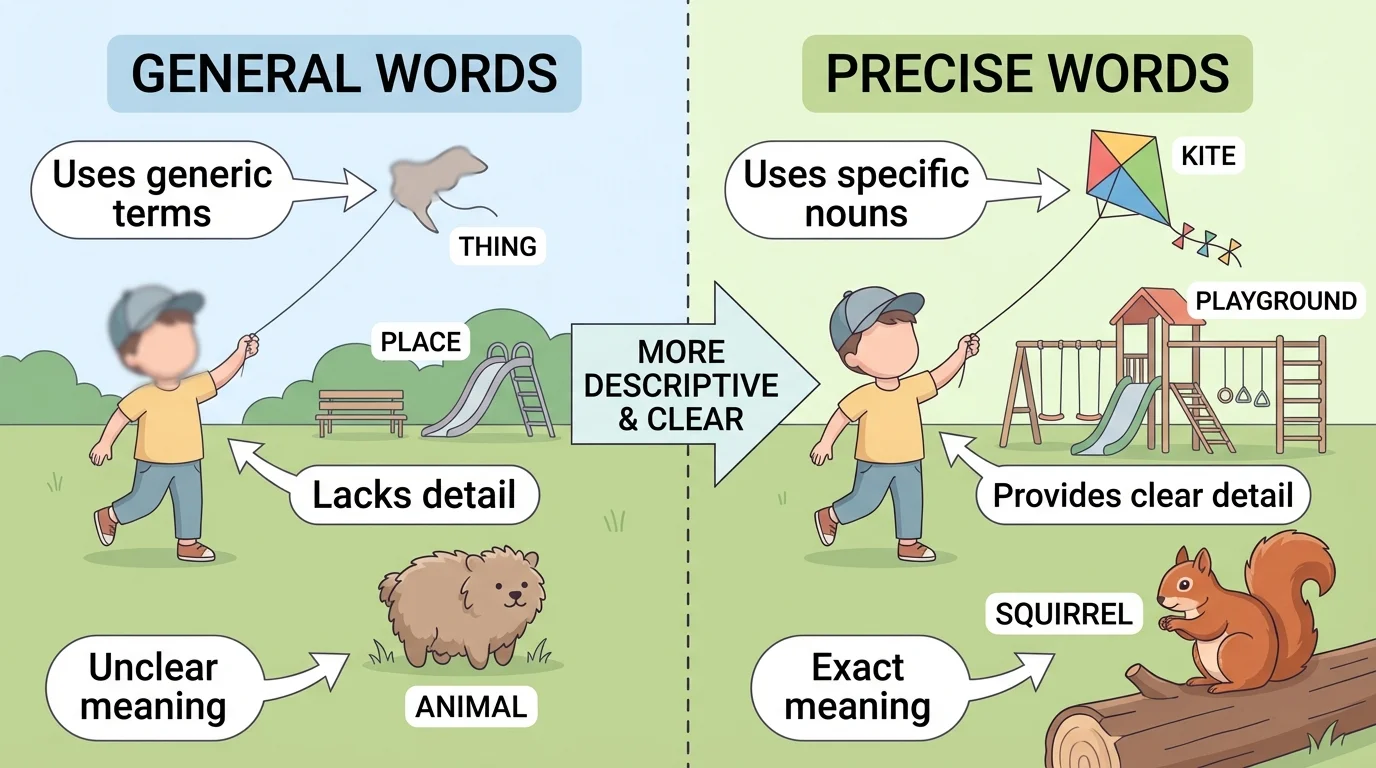 child at a park labeled with general words like thing, animal, place on one side and precise words like kite, squirrel, playground on the other