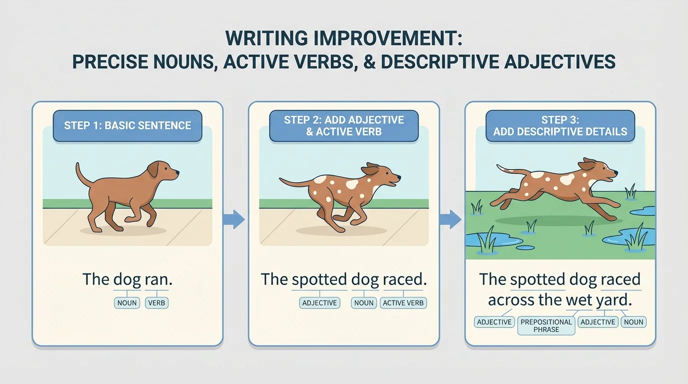 three-step chart showing The dog ran, then The spotted dog raced, then The spotted dog raced across the wet yard