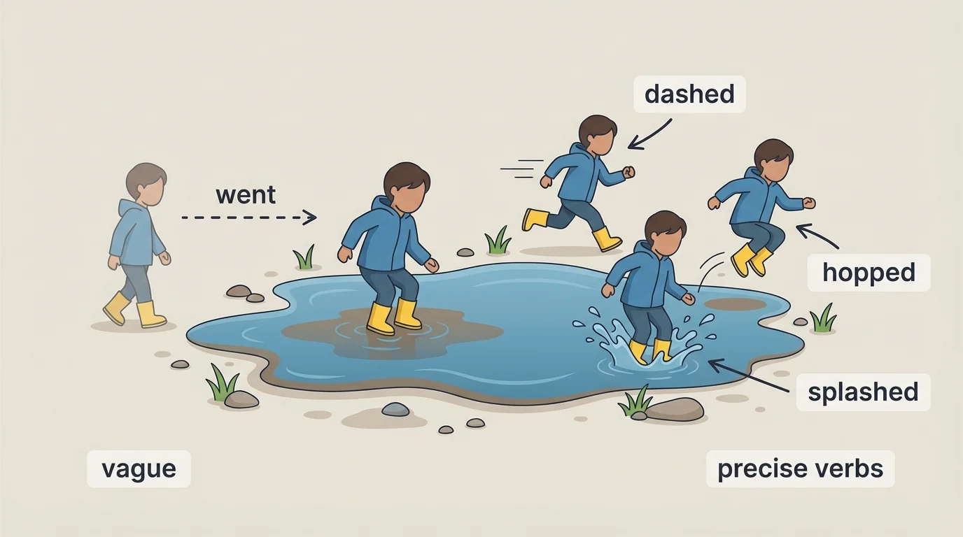 child near a puddle with labels showing went versus dashed, hopped, splashed
