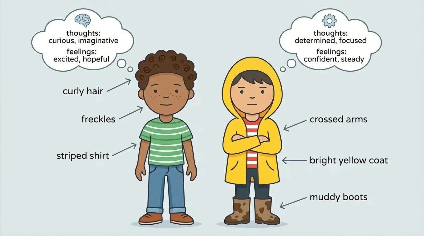 Side-by-side child characters with clear visual labels for curly hair, freckles, crossed arms, bright yellow coat, striped shirt, and muddy boots