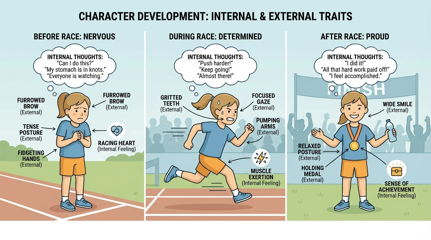 Three-panel story sequence of a child looking nervous before a race, running hard during the race, and smiling proudly at the finish line