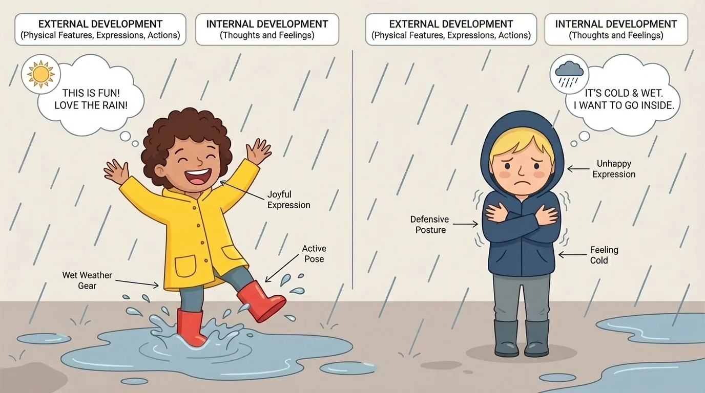 Two children standing in the rain, one smiling and splashing in puddles, one frowning and hugging self, with simple thought bubbles showing different feelings