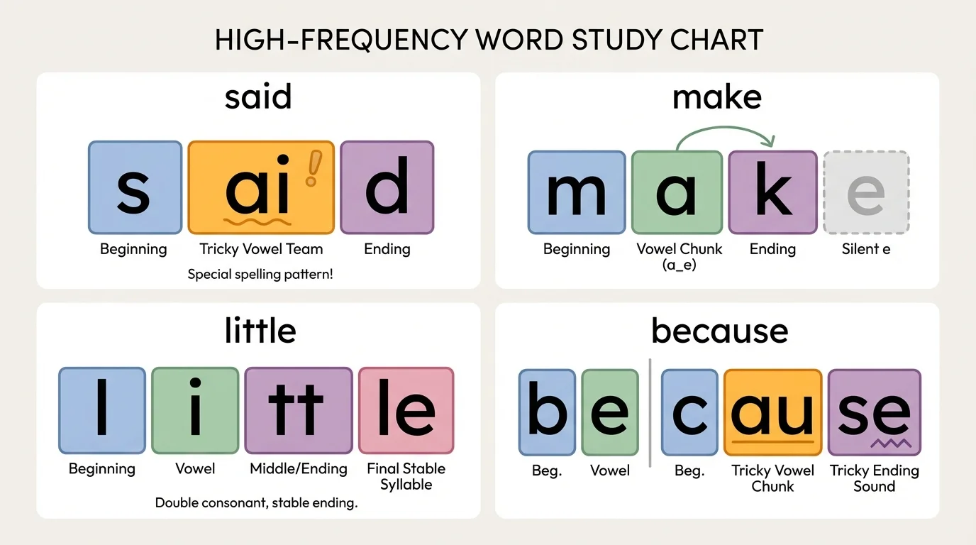 child-friendly word study chart showing the words said, make, little, and because with colored beginning, vowel, ending chunks, and tricky parts highlighted