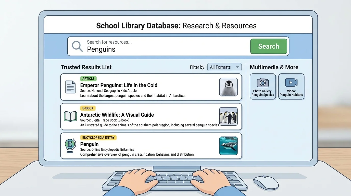 Computer screen with a child searching a library database for penguins, showing a search box, trusted results list, article cards, and photo icons