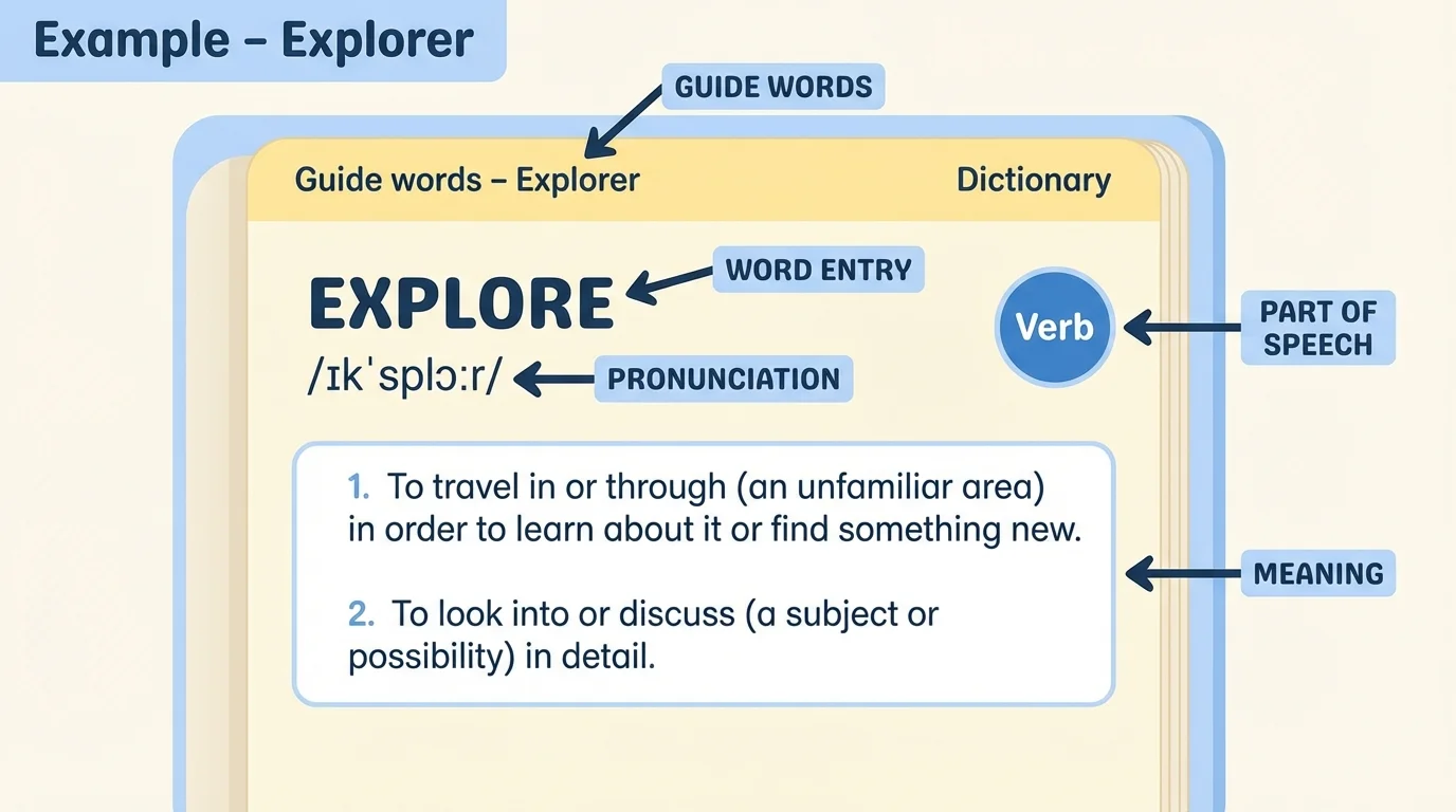 Child-friendly dictionary page showing a word entry with labels for word, pronunciation, meaning, part of speech, and guide words at the top