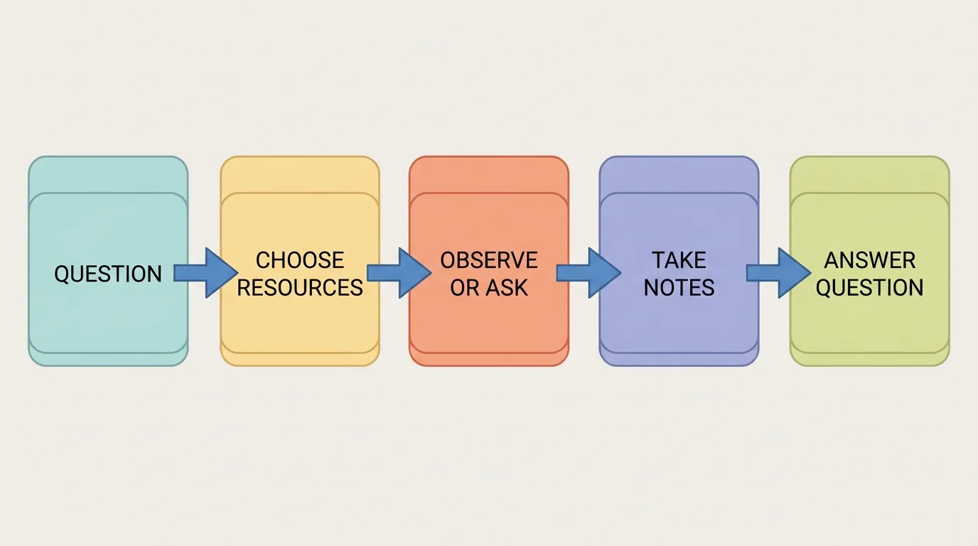 flowchart with boxes and arrows labeled question, choose resources, observe or ask, take notes, answer question