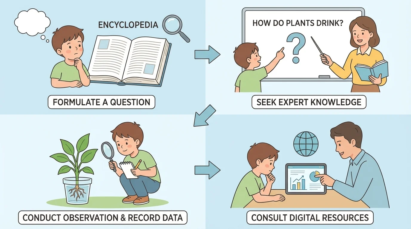 child using a book, asking a teacher a question, observing a plant with a notebook, and using a classroom tablet with an adult nearby