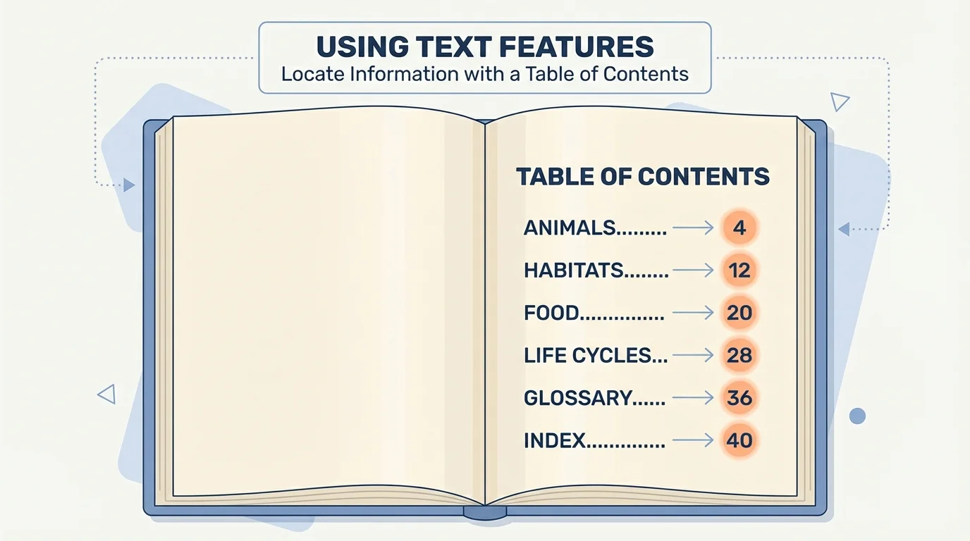 Nonfiction book open to a table of contents with chapter titles such as Animals, Habitats, Food, and Life Cycles, with page numbers highlighted