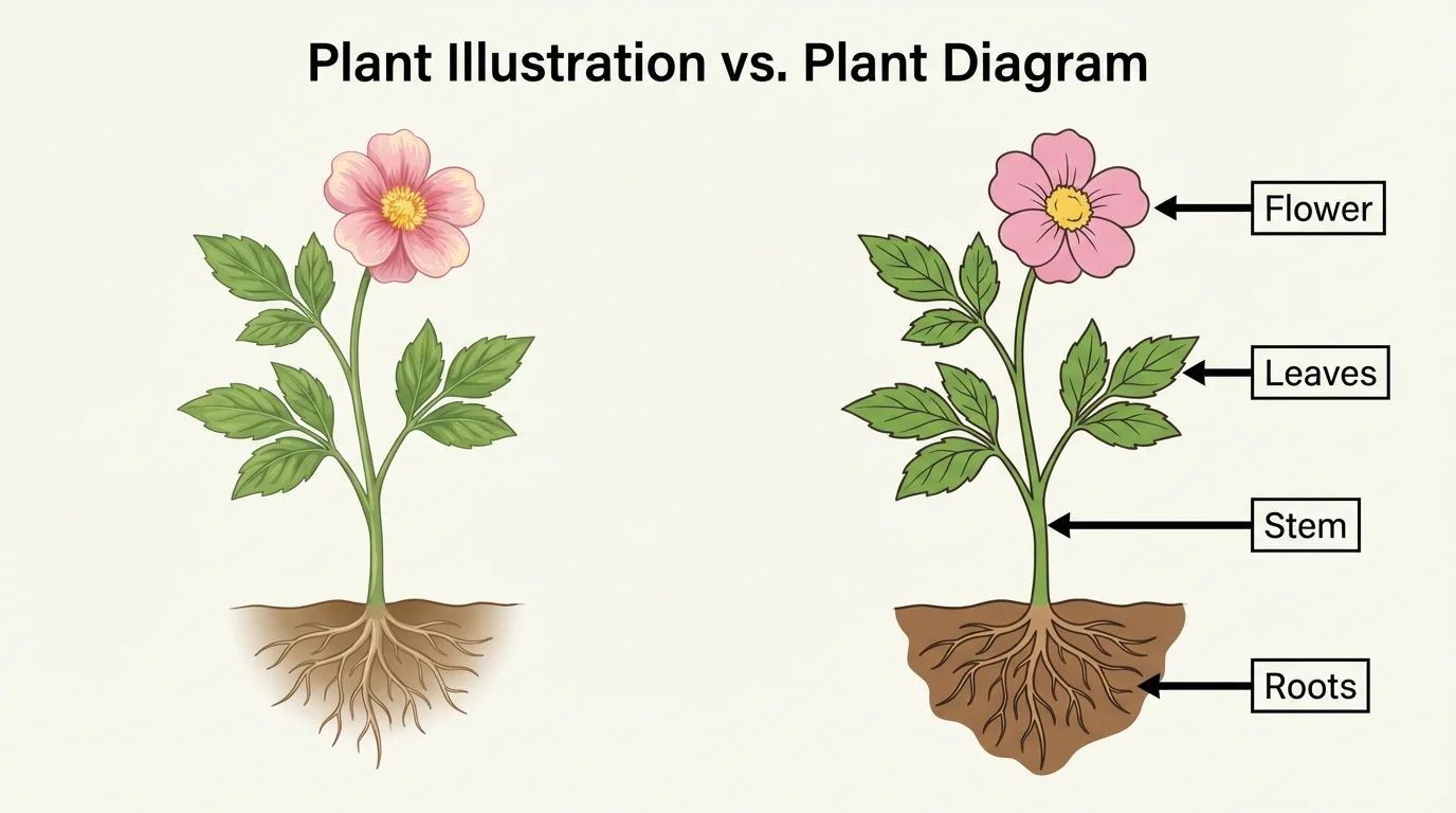 Side-by-side comparison of a realistic plant illustration and a labeled plant diagram showing roots, stem, leaves, and flower