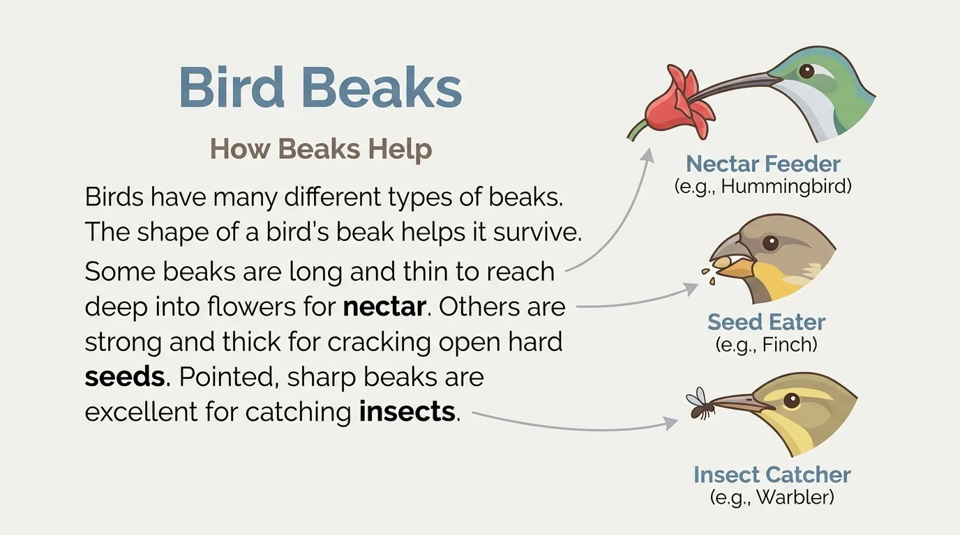 Textbook page with the heading 'Bird Beaks,' a smaller subheading 'How Beaks Help,' and bold words such as nectar, seeds, and insects in a short nonfiction passage
