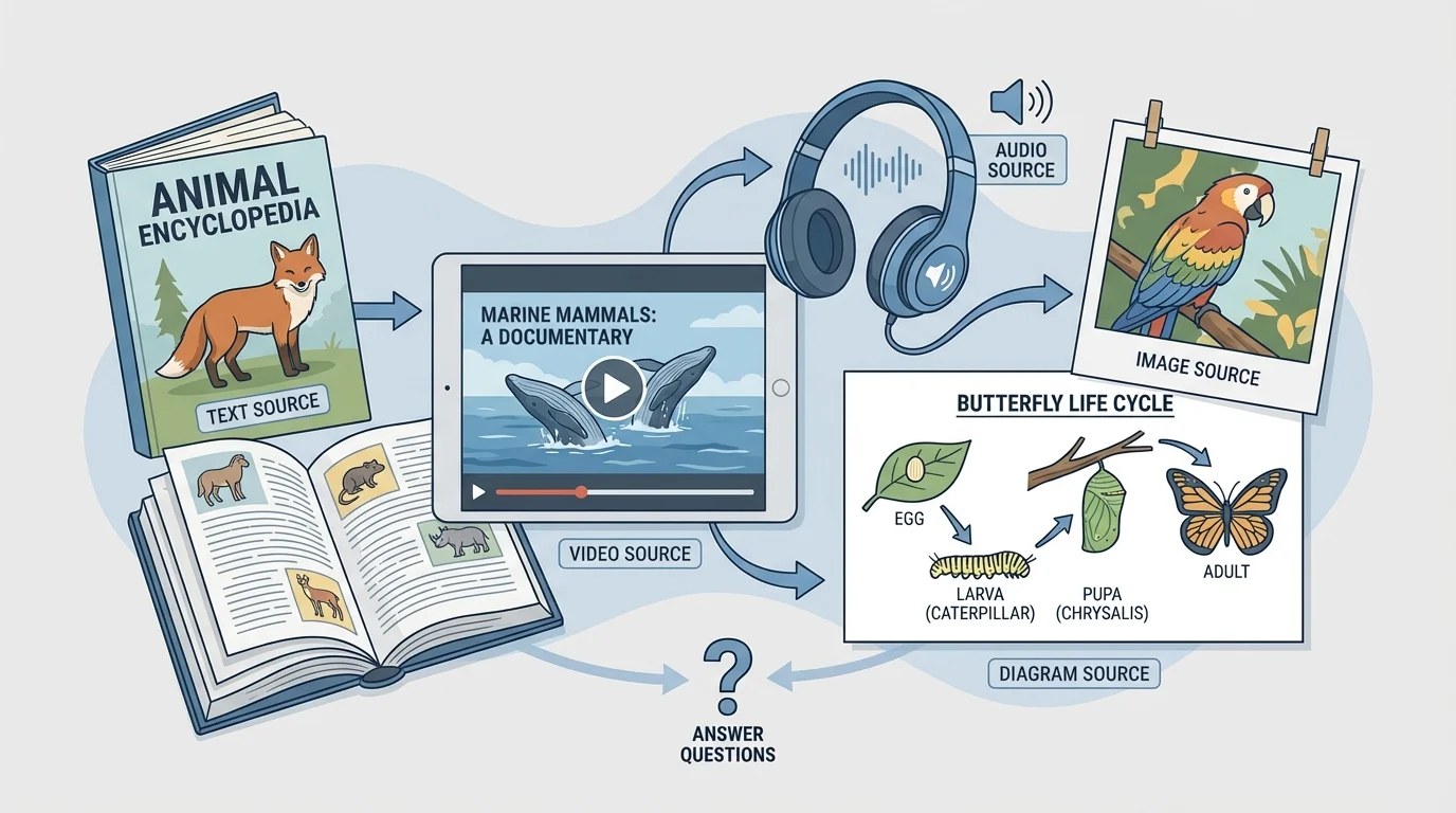 child-friendly display of a book, tablet with video, headphones for audio, photo, and labeled diagram about animals