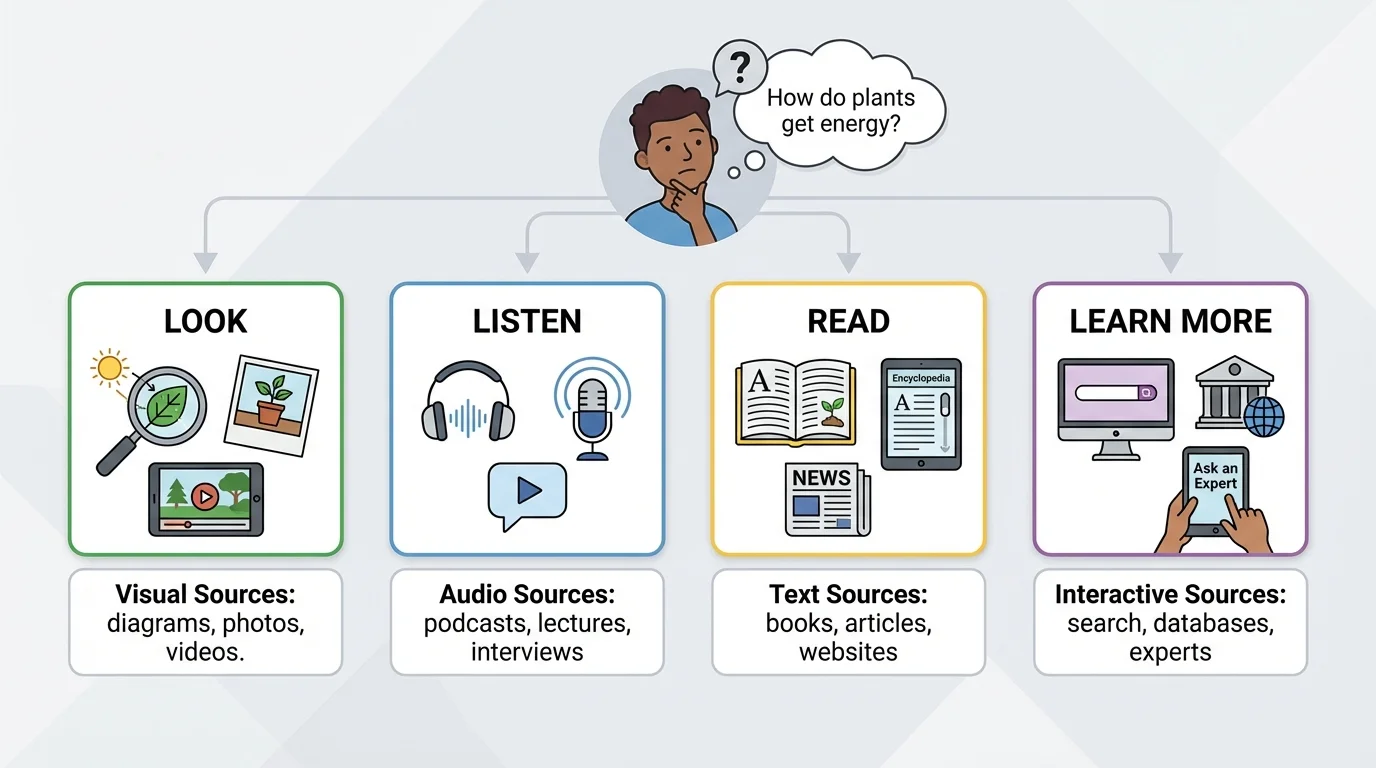 student with question at top of page and fact boxes labeled look, listen, read, and learn more