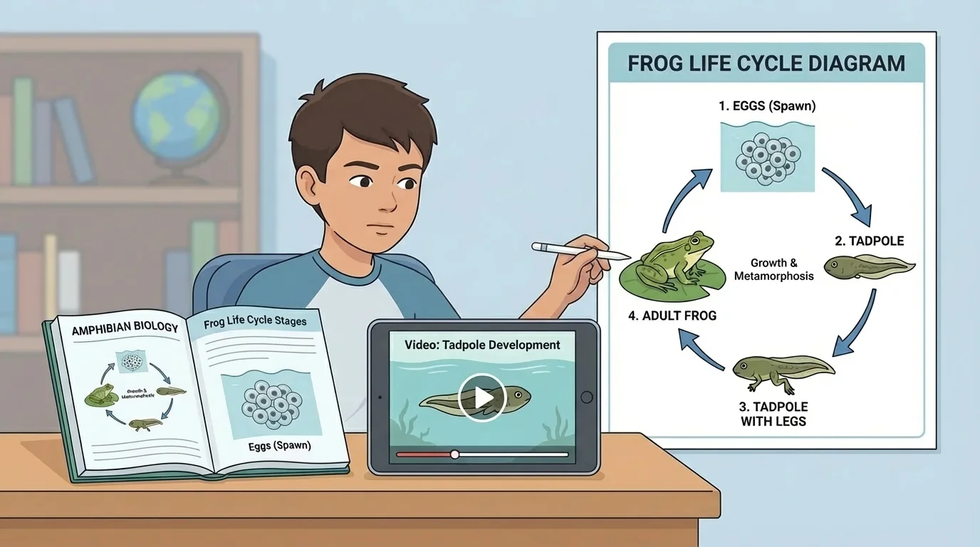 student studying frog life cycle with a book, short video, and life cycle diagram from egg to tadpole to frog