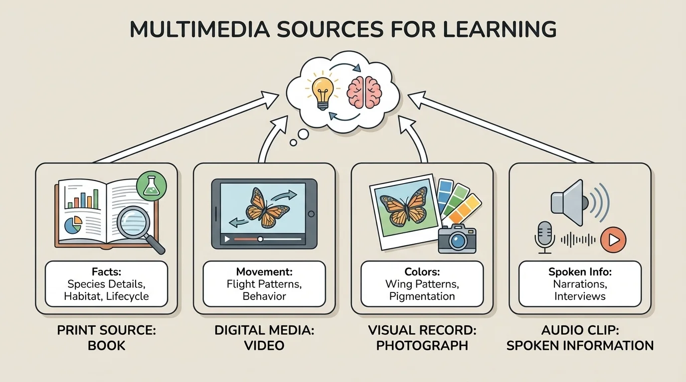 comparison scene showing a butterfly book for facts, video for movement, photo for colors, and audio clip for spoken information