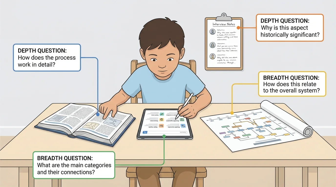 child researching with a book, tablet, chart, and interview notes, with each resource connected to a different type of question