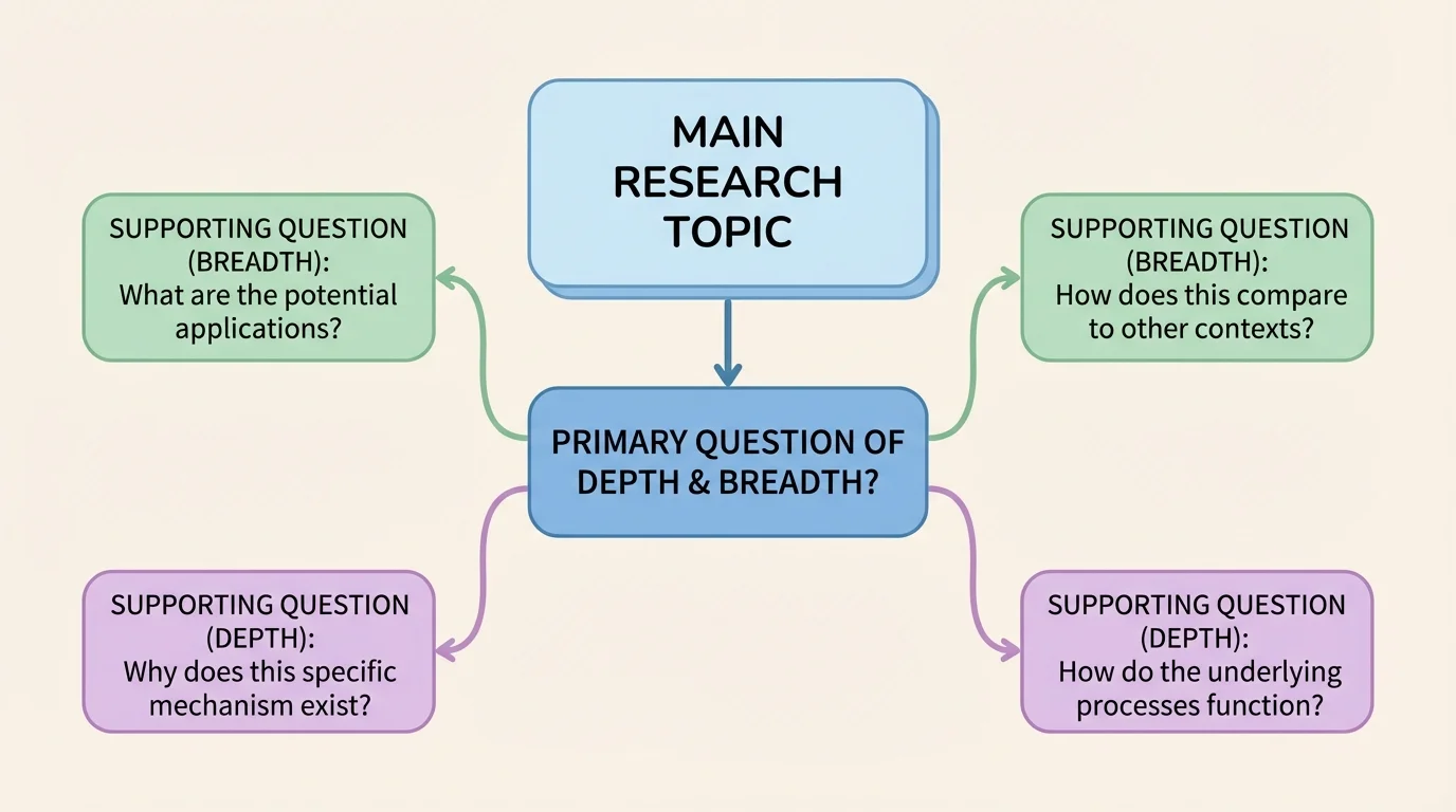 main research topic in the center, one primary question beneath it, and several supporting questions branching out around it