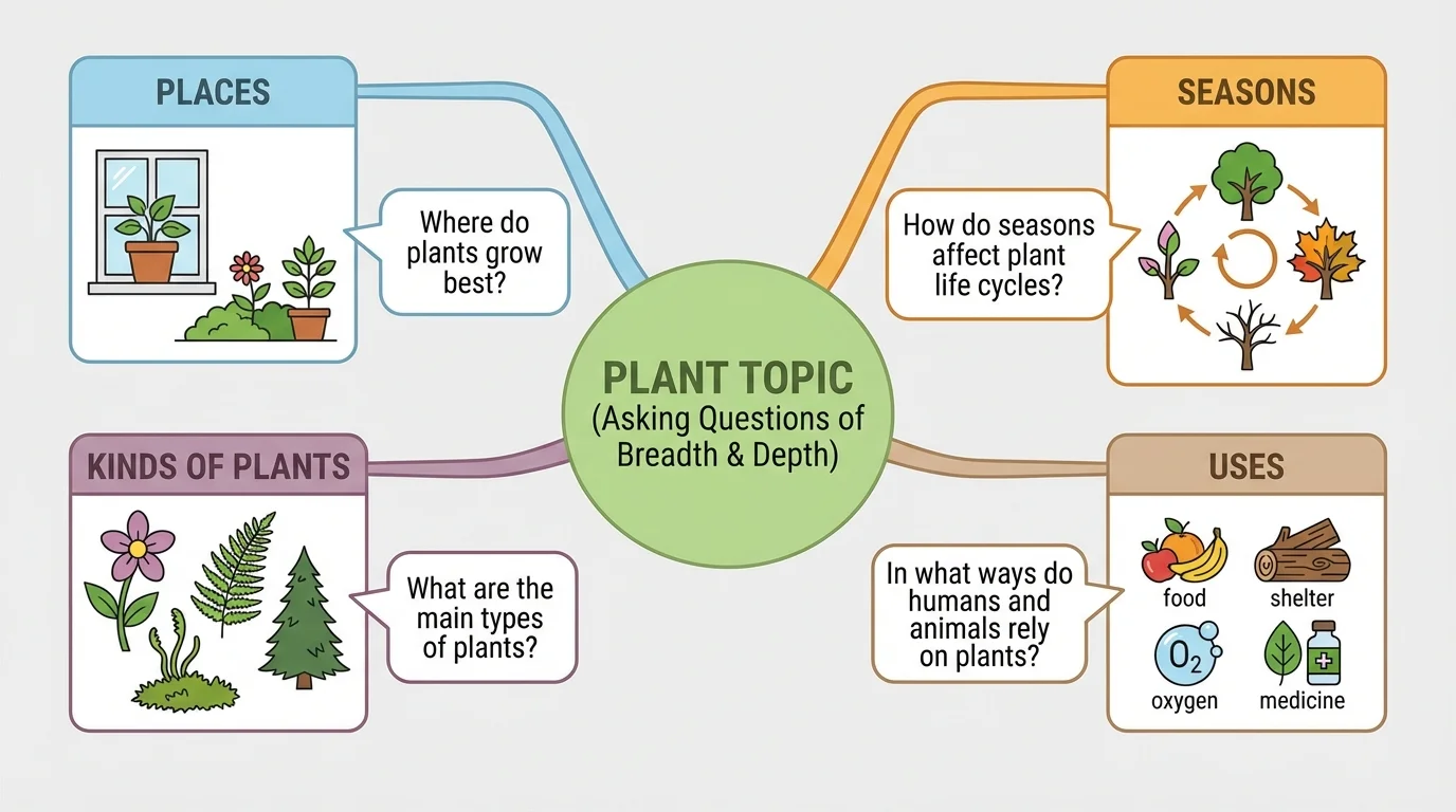 plant topic expanded into categories such as places, seasons, kinds of plants, and uses, with a question for each category