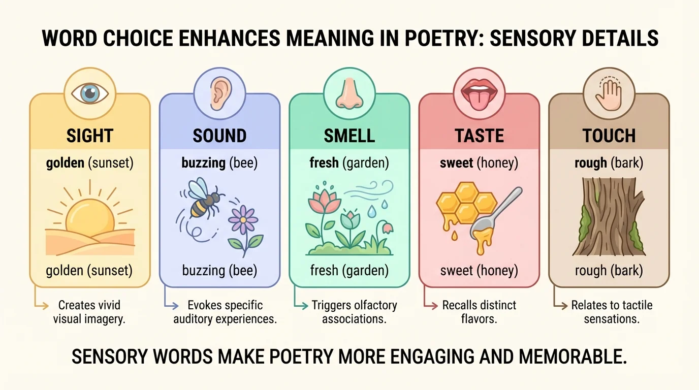 five senses chart with simple poetry examples for sight, sound, smell, taste, and touch such as golden, buzzing, fresh, sweet, and rough