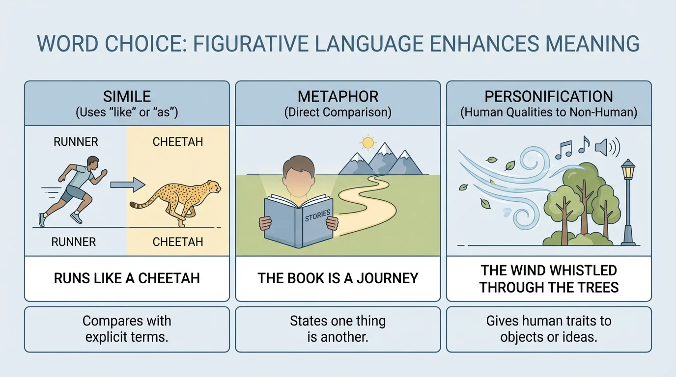 comparison chart with three panels showing simile, metaphor, and personification using simple scenes and short labels