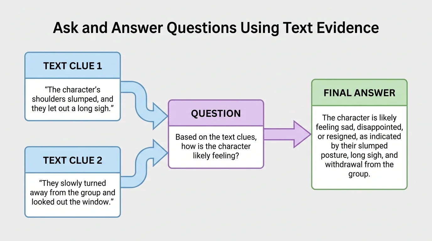 Flowchart with two text clues joining into one final answer about a character's feeling or motive