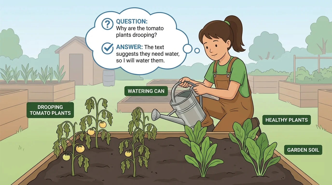 Illustration of a girl kneeling in a community garden beside drooping tomato plants while holding a watering can