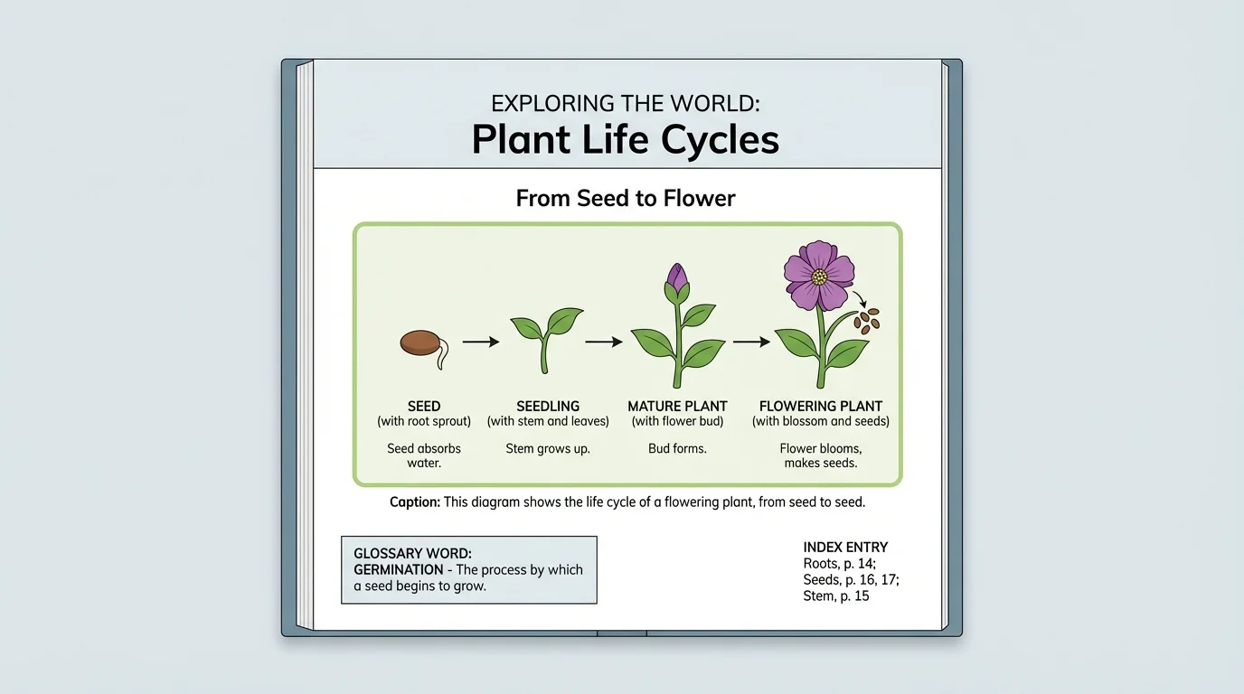 Labeled nonfiction book page with heading, subheading, caption, diagram, glossary word, and index entry highlighted