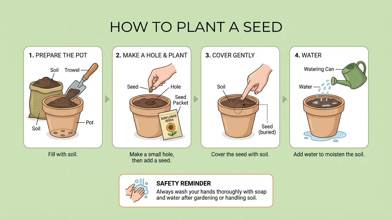 Illustrated how-to page for planting a seed, showing numbered steps, simple tools, and a safety reminder