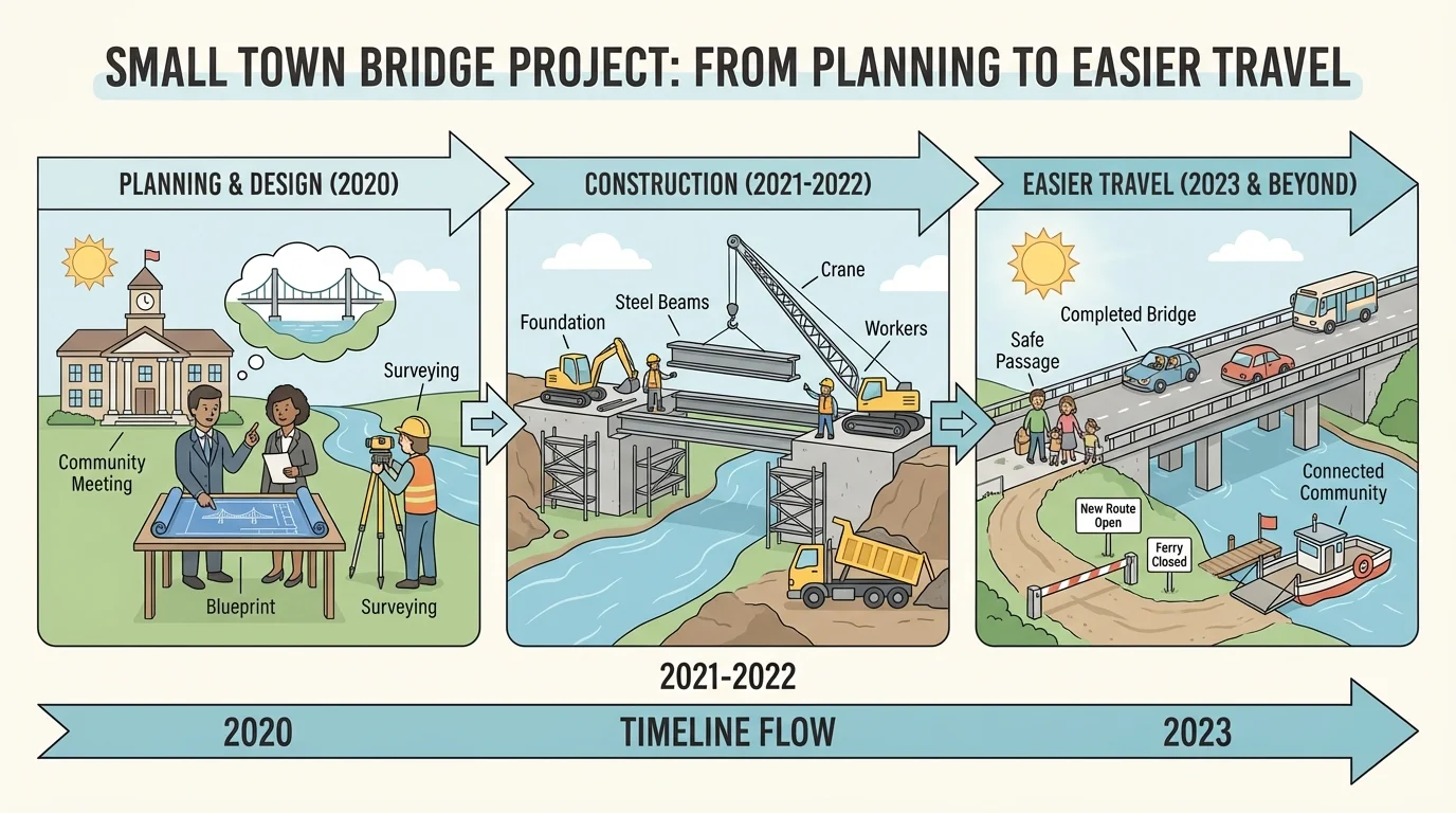 Timeline of a small town building a bridge, with events labeled from planning to construction to easier travel