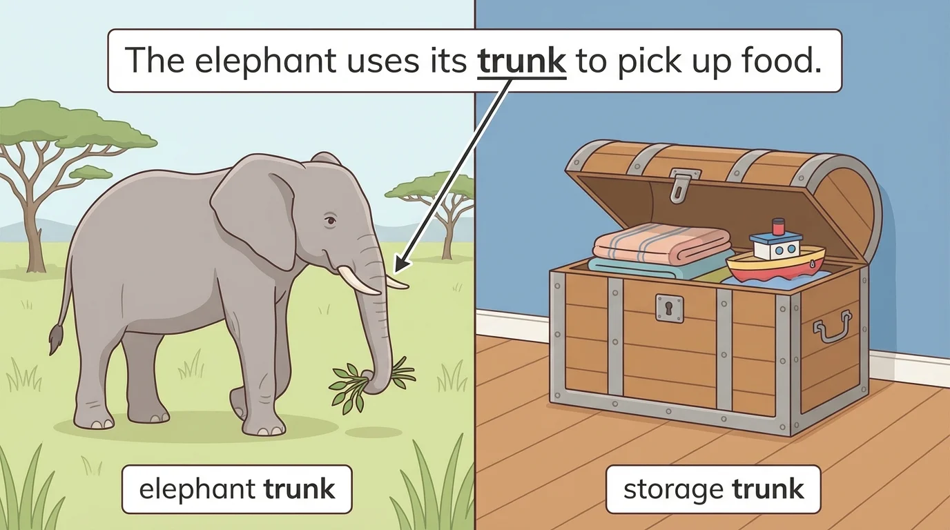 illustration showing the word trunk in two scenes, an elephant trunk and a storage trunk, with a reading sentence about animals pointing to the correct meaning