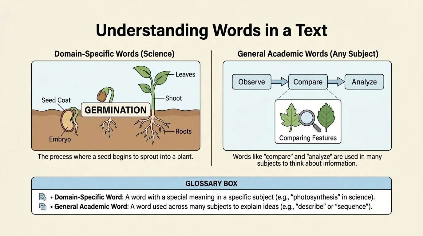 labeled informational page with heading, bold word, caption, glossary box, and diagram labels