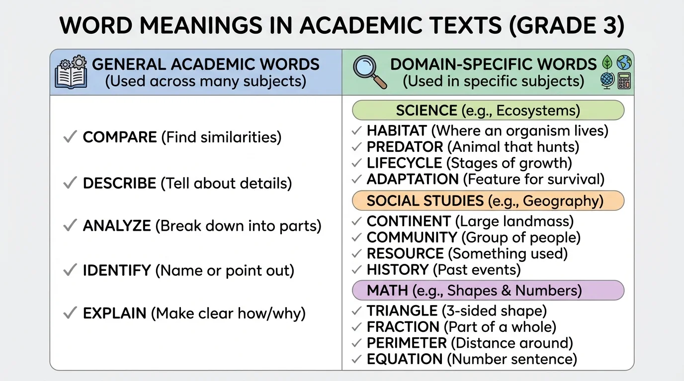 chart comparing general academic words like compare and describe with domain-specific words like habitat and continent by subject