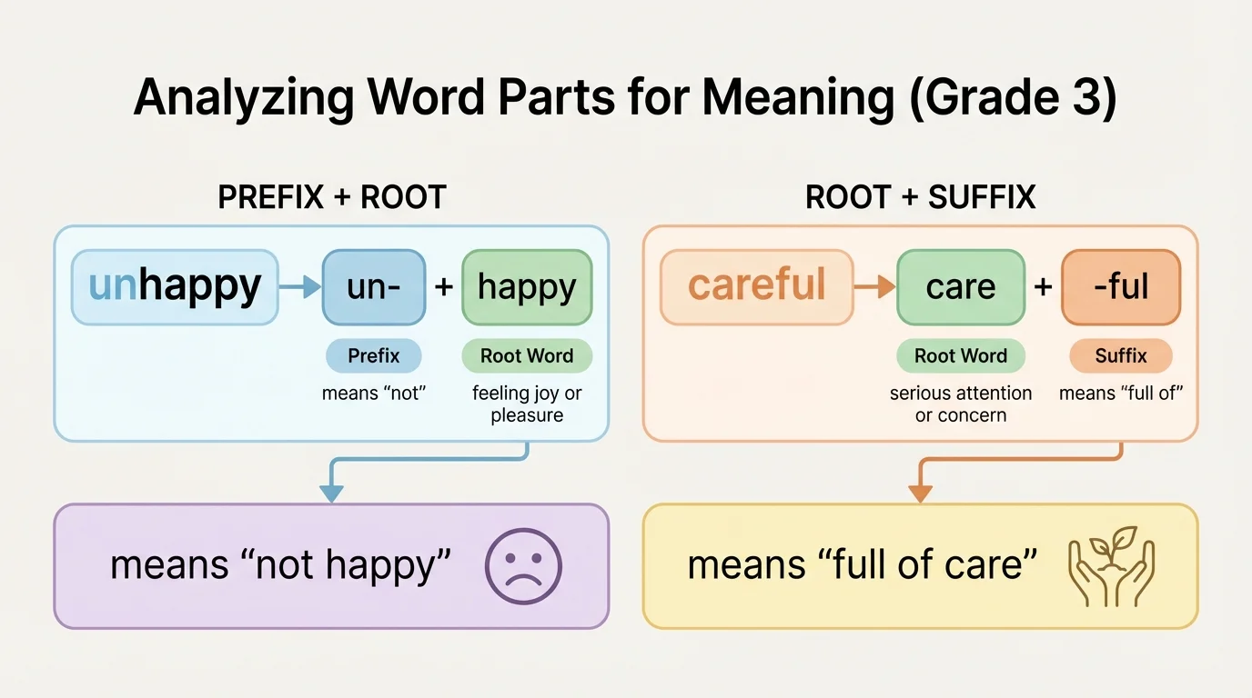 diagram splitting the word unhappy into un + happy and showing how parts help meaning, plus a second example like careful into care + ful