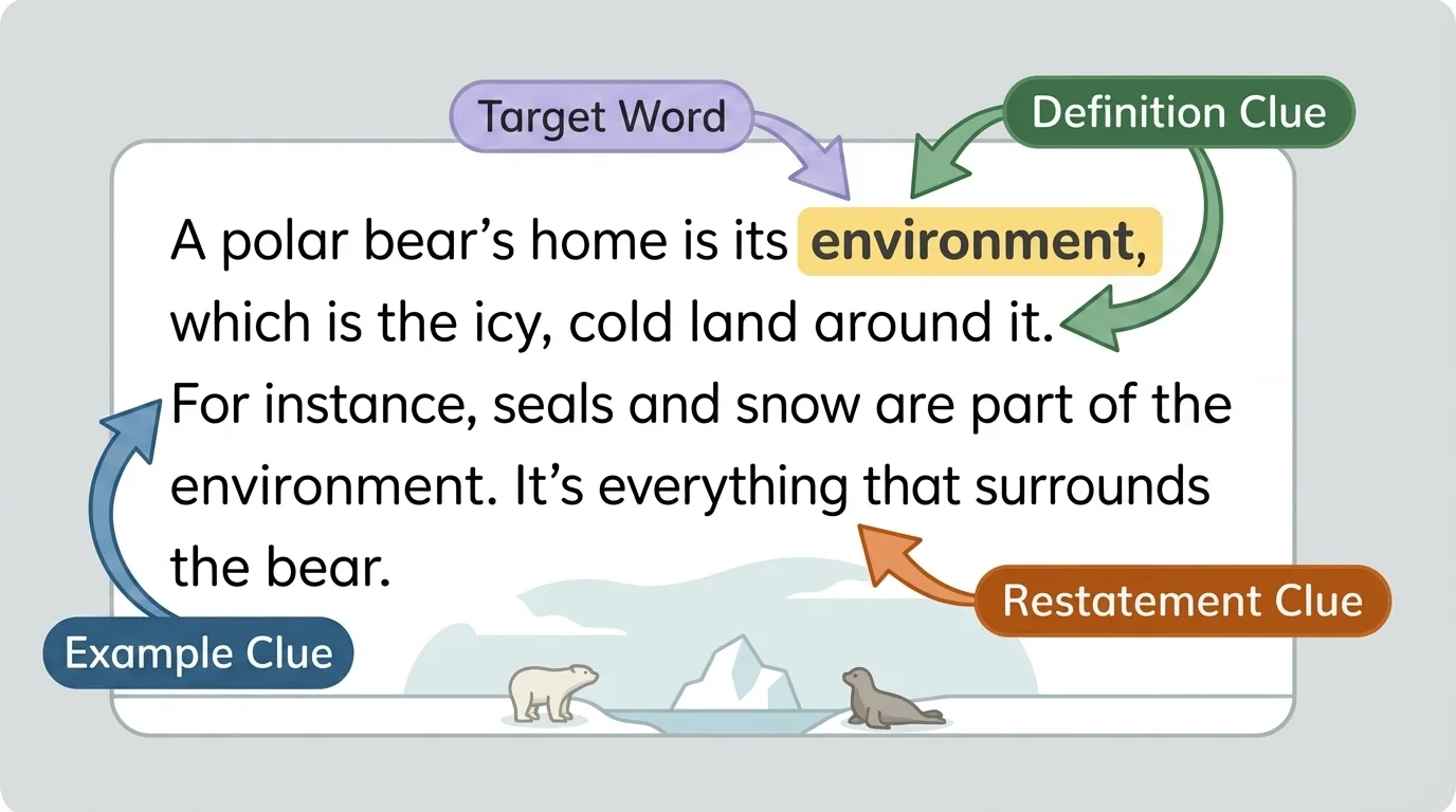 annotated paragraph with a highlighted unknown word and arrows to definition clue, example clue, and restatement clue