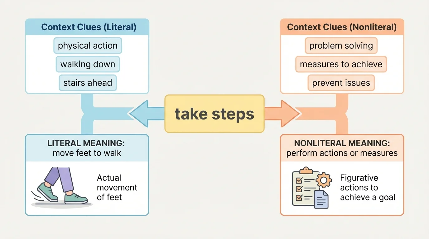 phrase in the center with surrounding sentence clues leading to two choices, literal meaning on one side and nonliteral meaning on the other