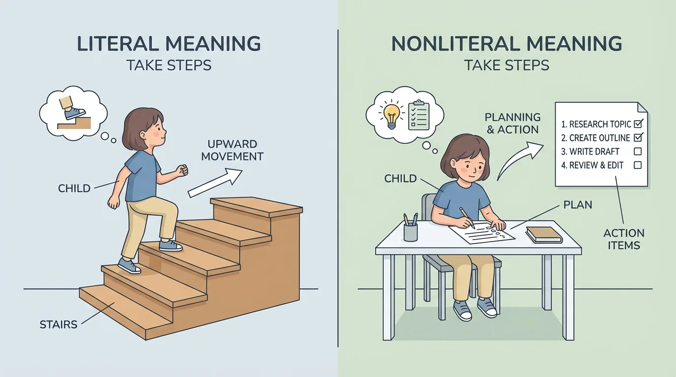 two-panel scene showing one child climbing stairs for the literal meaning of "take steps" and the same child making a numbered plan on paper for the nonliteral meaning