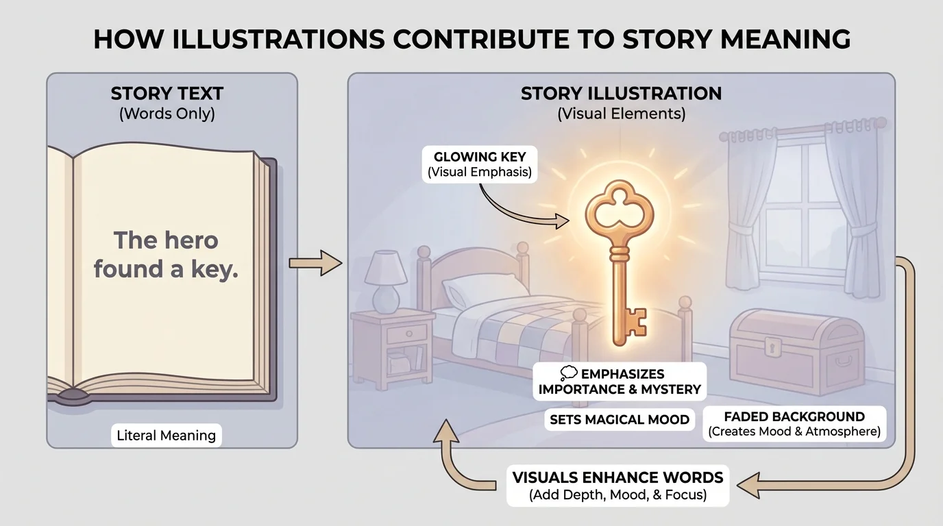 Child's bedroom scene with a glowing key large and centered while other toys and furniture fade softly into the background