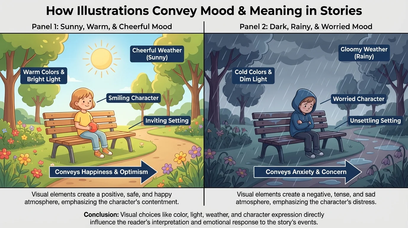 Two panels of the same park scene, one sunny with warm colors and a smiling child on a bench, one dark rainy with cold colors and a worried child on the same bench
