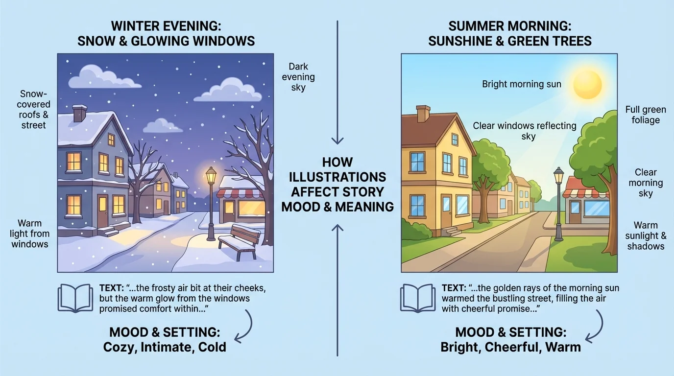 Small-town street shown in winter evening with snow and glowing windows versus summer morning with sunshine and green trees