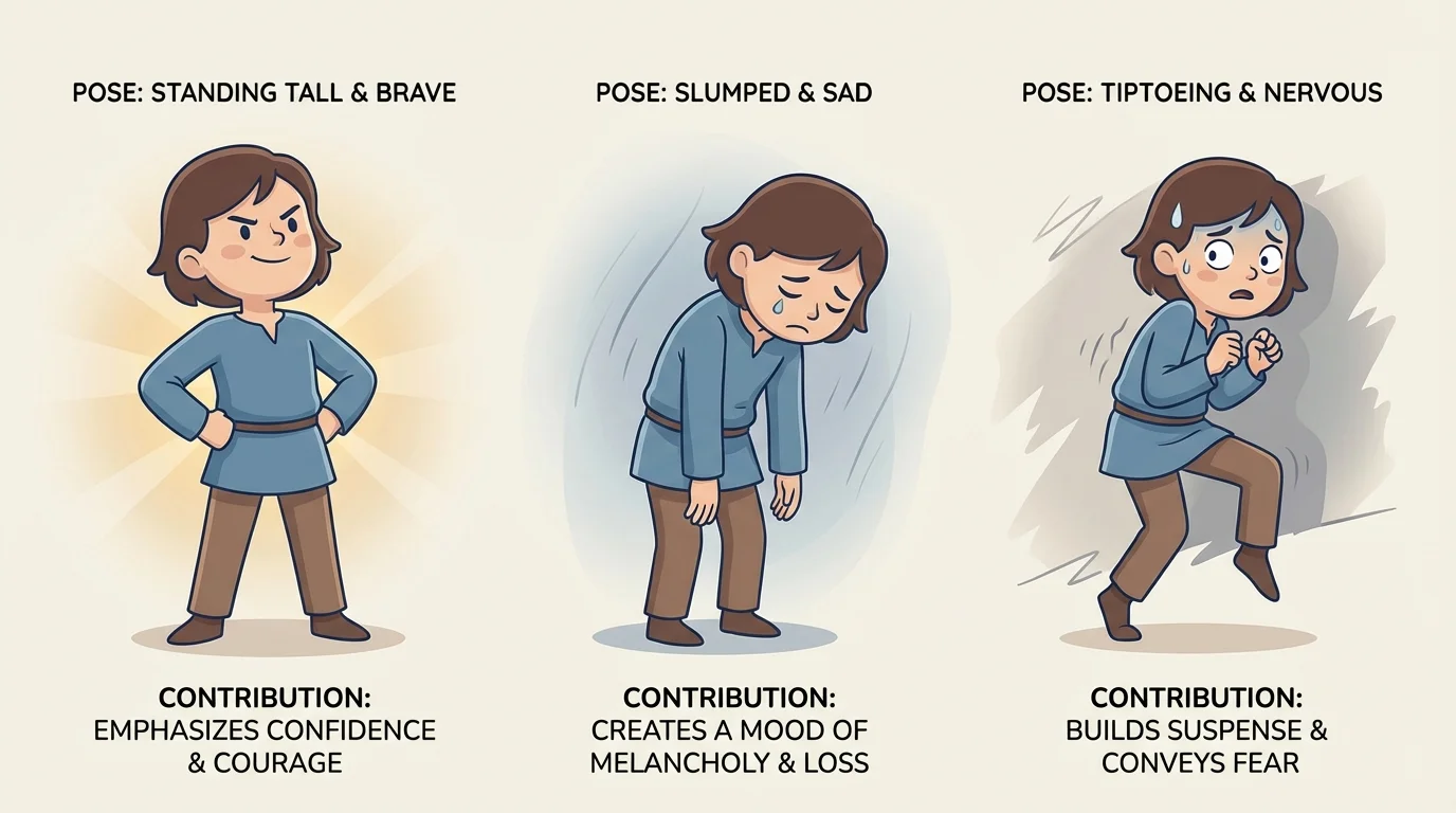 Story character in three poses with clear facial expressions—standing tall and brave, slumped and sad, tiptoeing and nervous