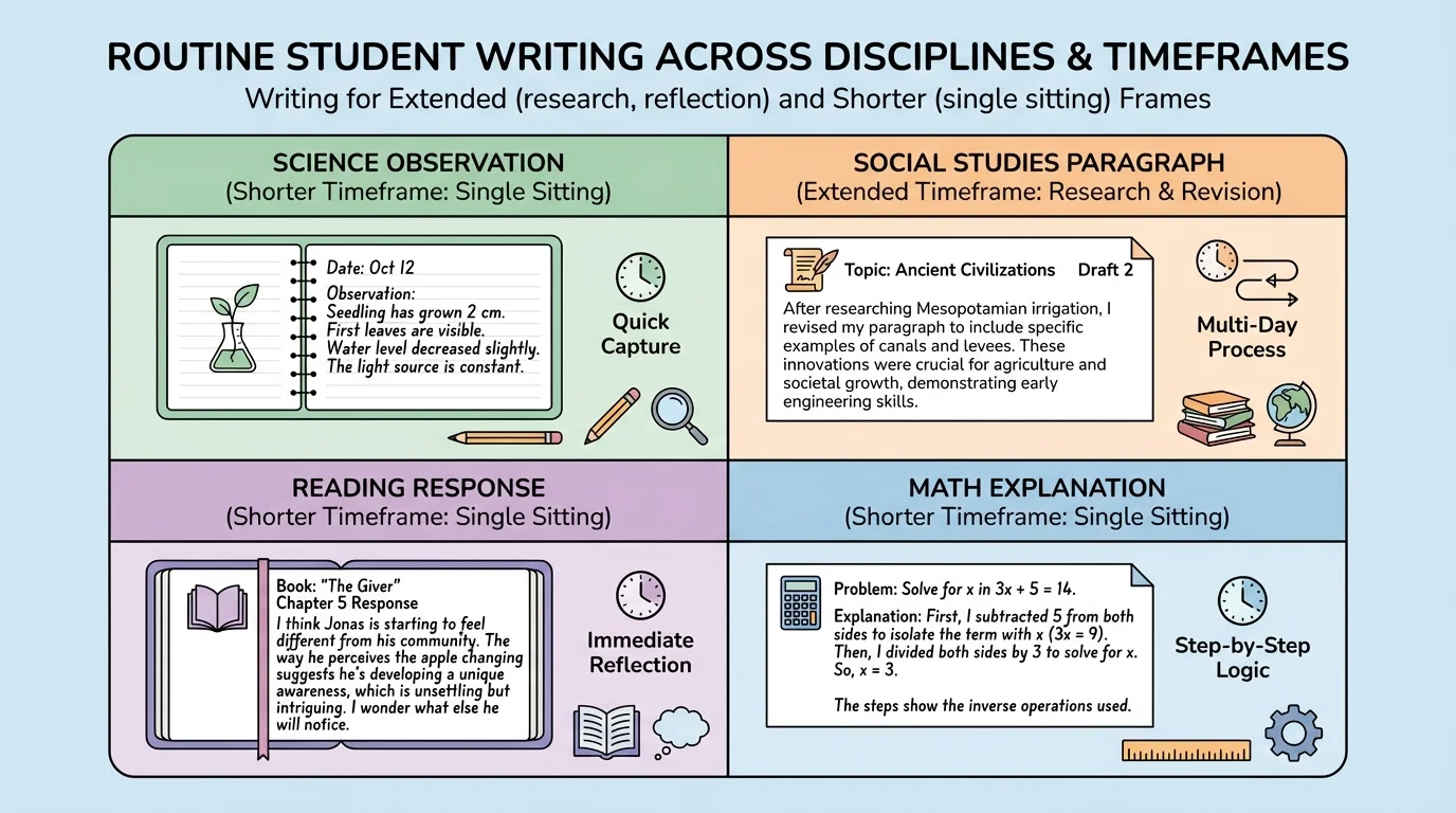 four-panel chart with student writing examples labeled science observation, social studies paragraph, reading response, and math explanation