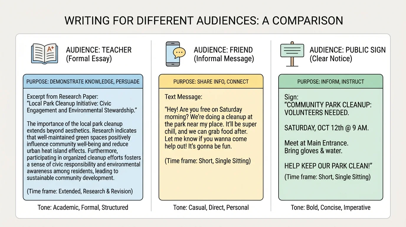 chart comparing one topic written three ways for teacher, friend, and public sign