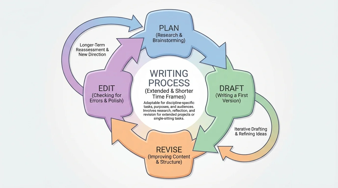 circular flowchart of plan, draft, revise, edit with arrows looping back to planning and drafting