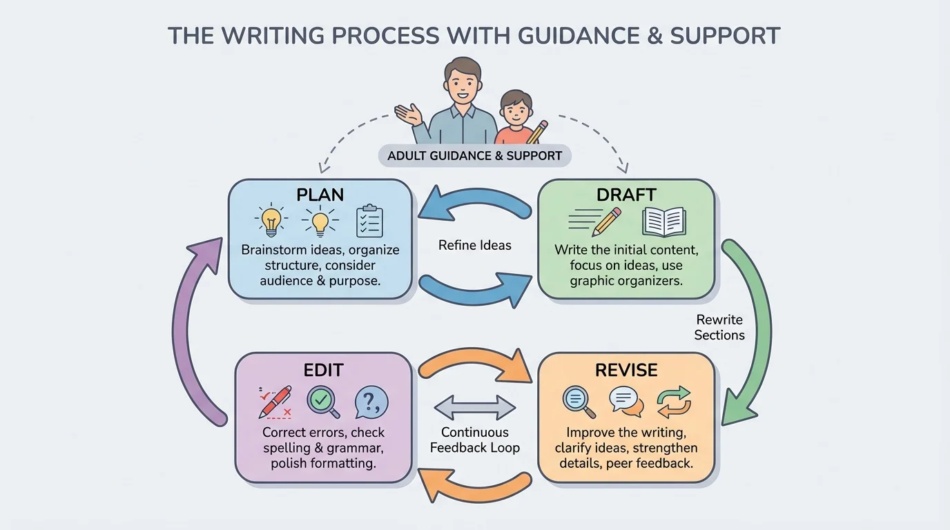 Flowchart of the writing process with arrows looping from plan to draft to revise to edit and back to planning and drafting