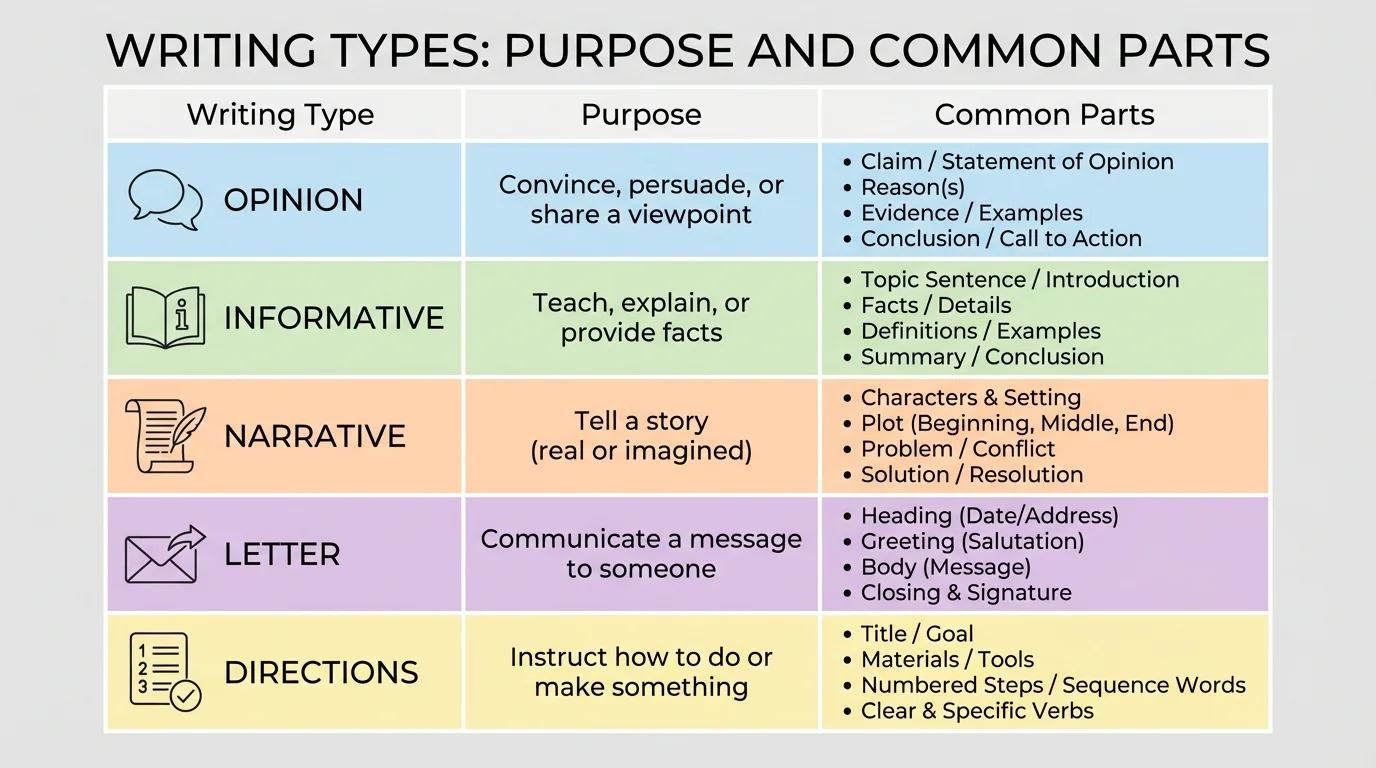 Chart comparing opinion, informative, narrative, letter, and directions with each type's purpose and common parts