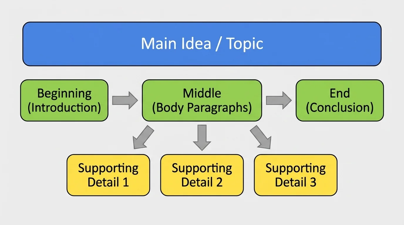 Diagram of a simple writing organizer with boxes for beginning, middle, end, topic sentence, and supporting details